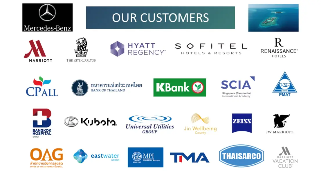 Our Customers - Mercedes-Benz, Marriott, Hyatt Regency, Sofitel, KBank, CPAll, Bangkok Hospital and more